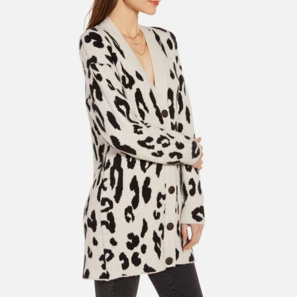 Leopard Print Long Line V-Neck Button Front Cardigan by Something Navy - M - Picture 1 of 12